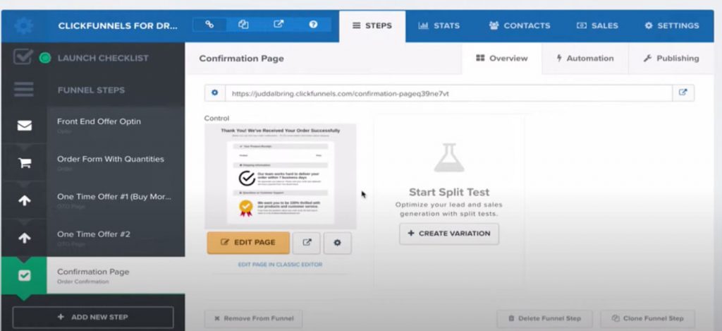 ClickFunnels editor showing the A/B testing function
