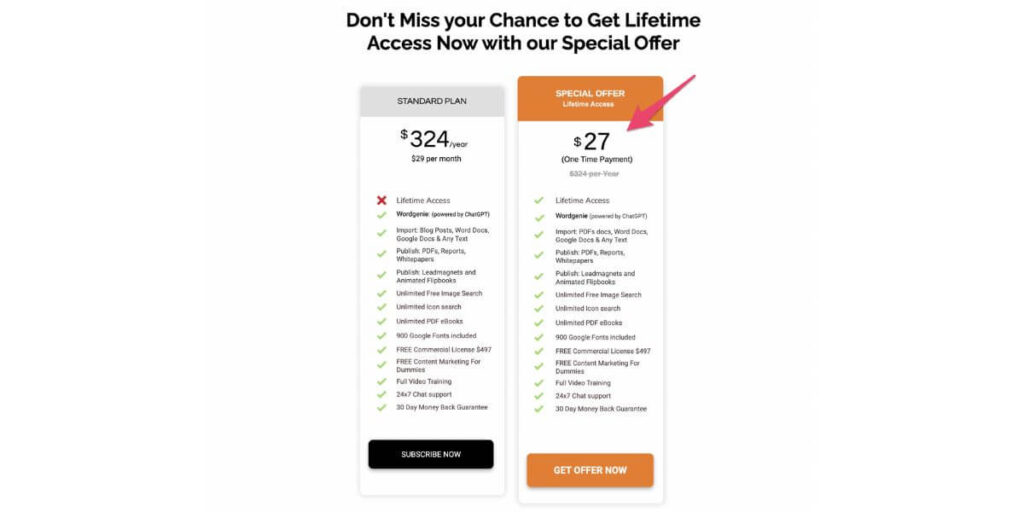The Designrr lifetime deal page showing the features