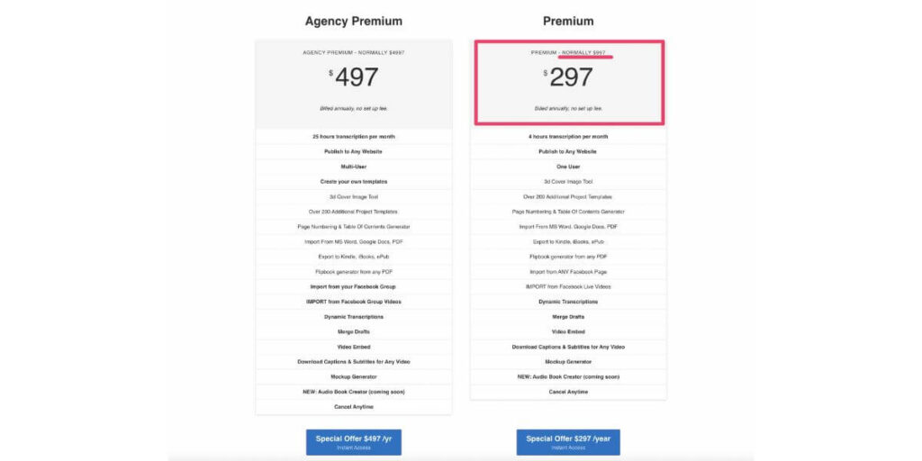 The options for the Designrr premium upgrade and the features you get access to