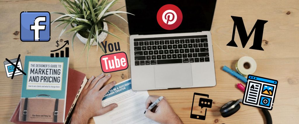 Computer, writing, social media icons