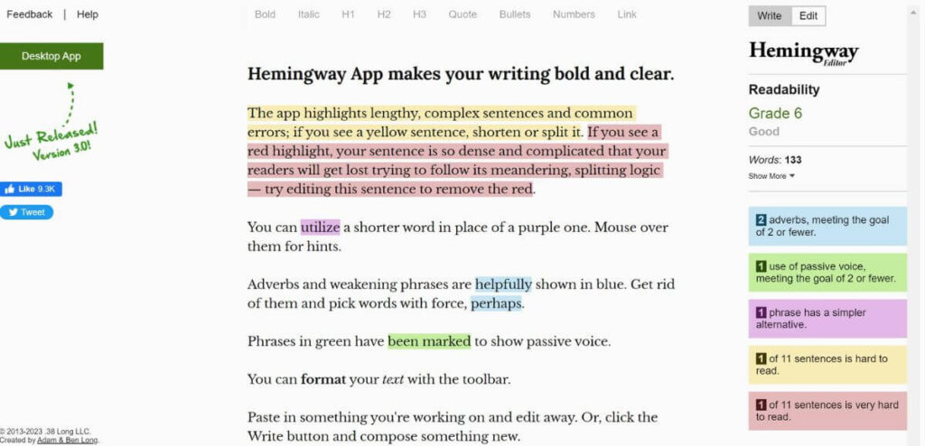 Hemingway App example