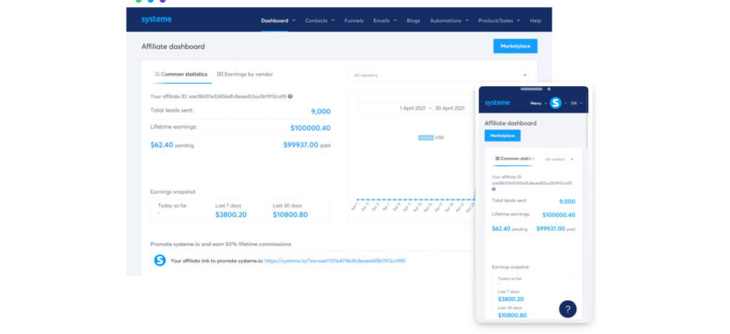 Affiliate management dashboard inside Systeme.io