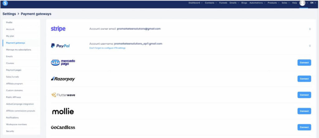 Systeme.io payment gateways