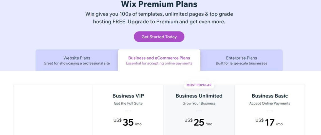 Wix pricing plans