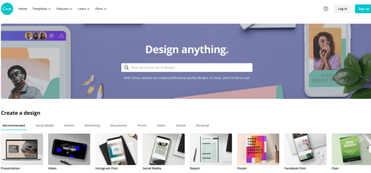 The Canva website used for designing pins on Pinterest