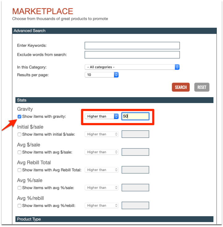 ClickBank marketplace options with gravity score