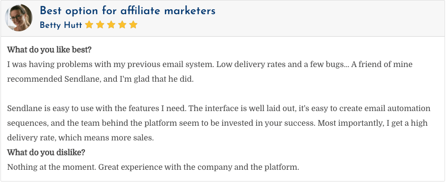 Another customer testimonial for SendLane