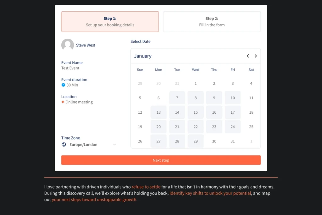 Booking calendar page Coaching booking calendar page